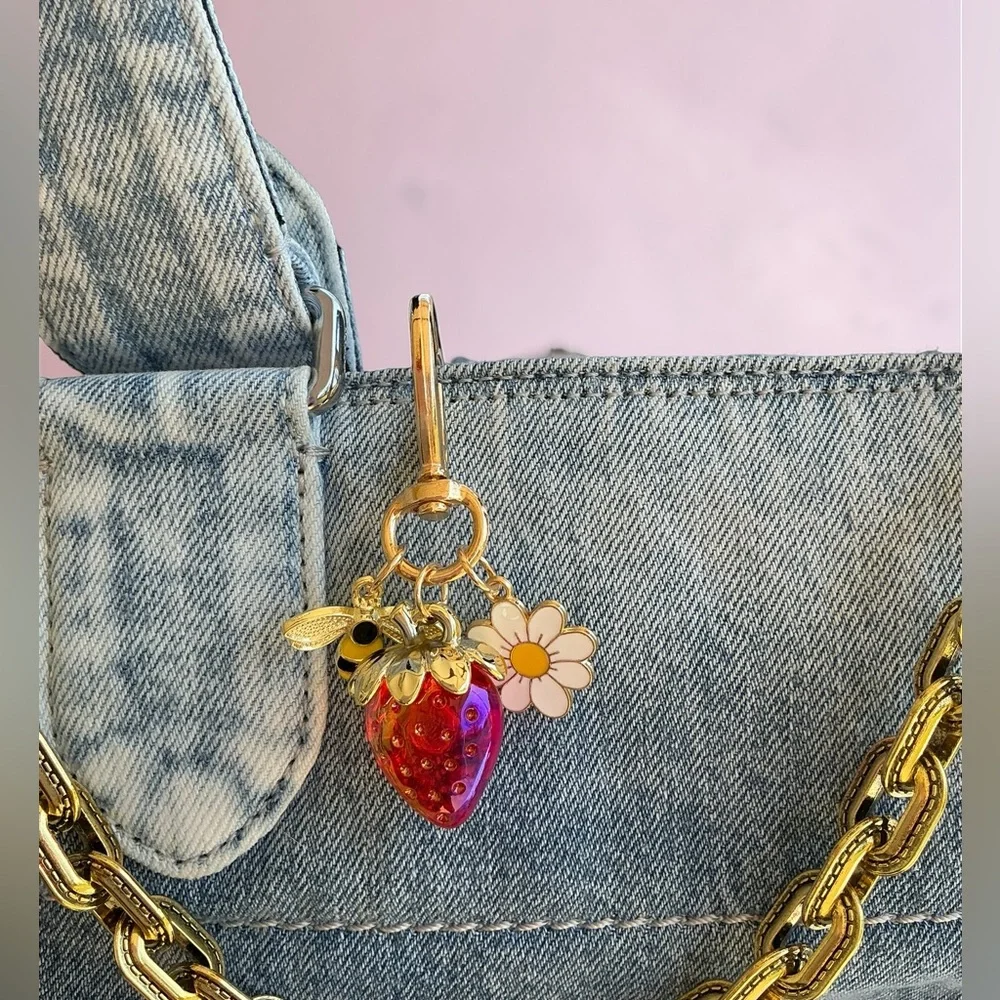 Strawberry Bee Flower Bag Charm Gold Cute Kawaii Cottagecore Purse